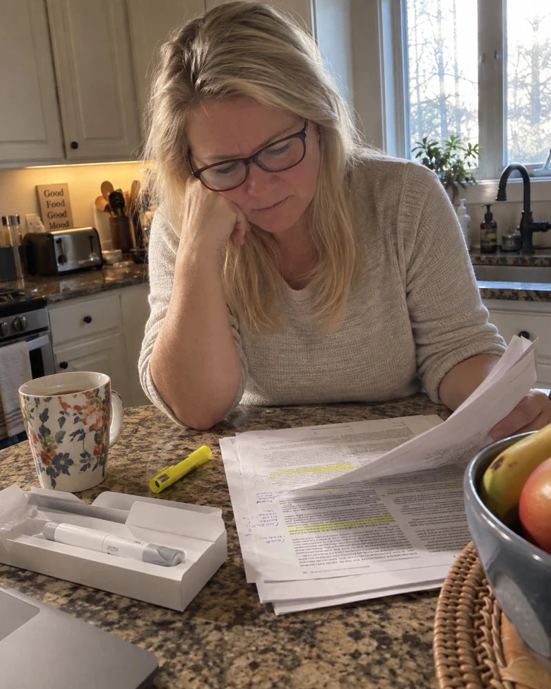 Mujer revisando una investigación en la encimera de su cocina