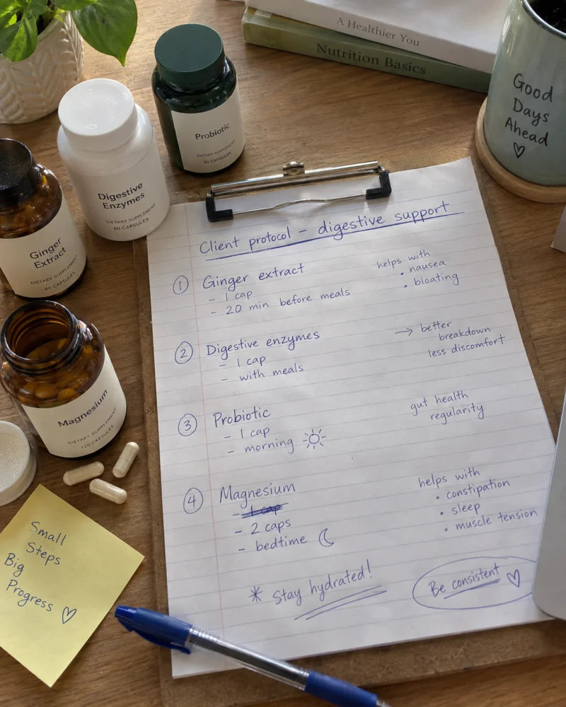 Un protocolo de apoyo digestivo escrito a mano junto a botellas de suplementos