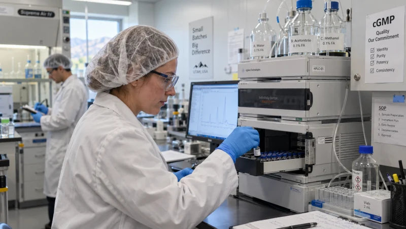 Técnico de laboratorio analítico trabajando con un instrumento de HPLC